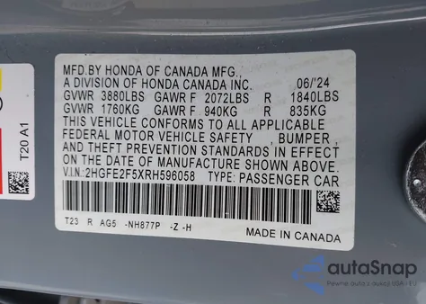 2024 Honda Civic Sport из США, поврежденный, VIN 2HGFE2F5XRH596058